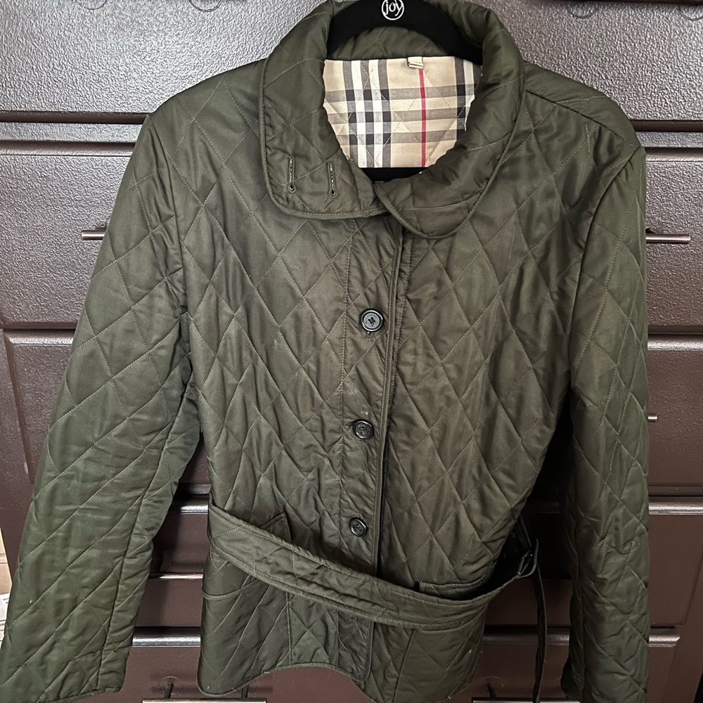 Burberry London Olive Quilted Belted Jacket Nova Check Lined Made in Italy